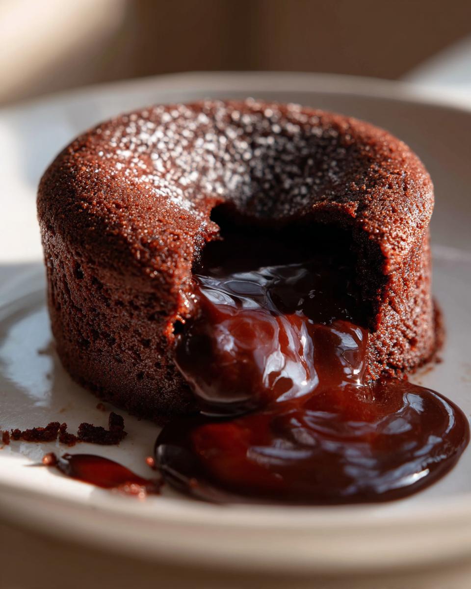 Close-up of a freshly baked chocolate lava cake with molten chocolate oozing out onto a white plate.