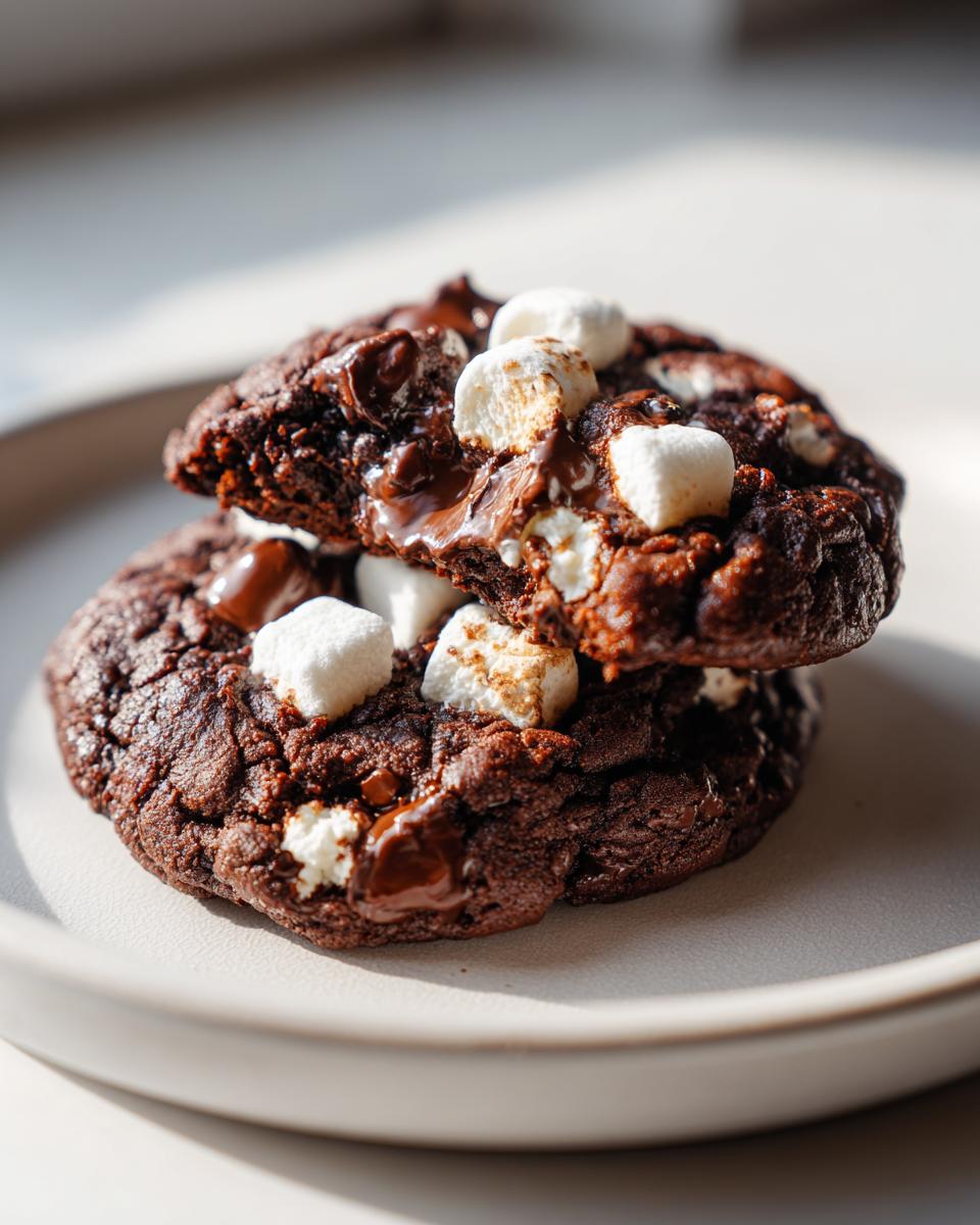 Close-up of two stacked, rich chocolate hot chocolate cookies topped with melted chocolate chips and soft marshmallows.