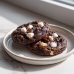 Two rich, dark chocolate hot chocolate cookies topped with melted chocolate chips and toasted mini marshmallows on a light plate.
