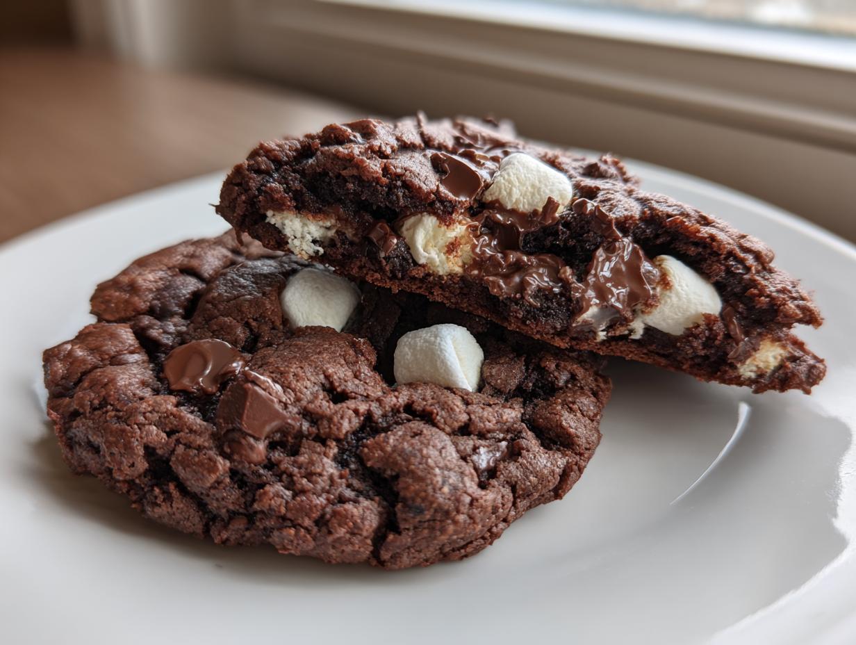 Two rich, dark chocolate hot chocolate cookies on a white plate, one broken open to show melted chocolate and marshmallows.