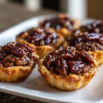 A close-up, appetizing shot of several gooey mini pecan pies with glossy pecan toppings arranged on a white serving platter.