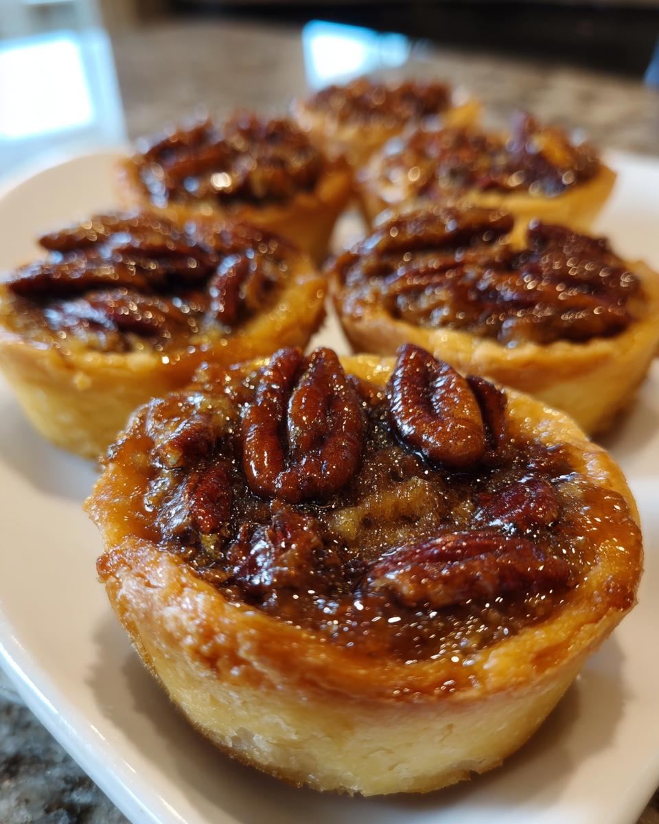 Close-up shot of several gooey mini pecan pies with glossy pecan toppings served on a white plate.