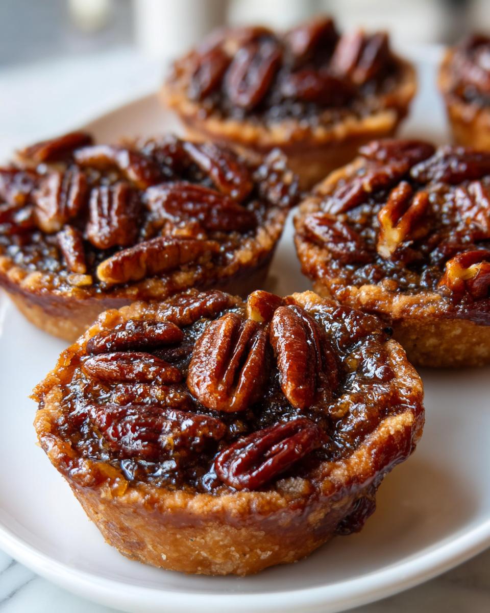 Close-up of several gooey mini pecan pies topped with glazed pecans, ready to serve.