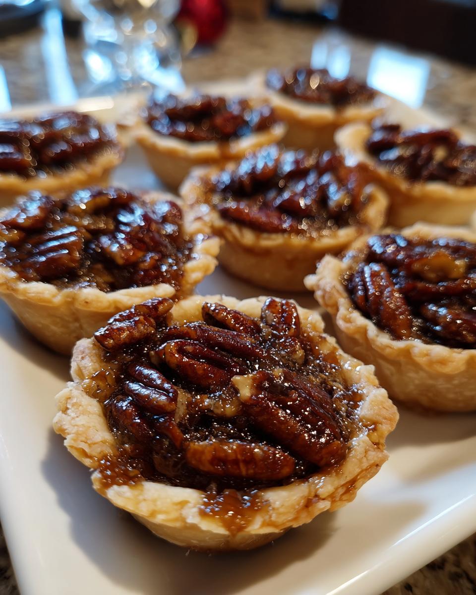 A close-up shot of several gooey mini pecan pies with flaky crusts, topped with caramelized pecans.