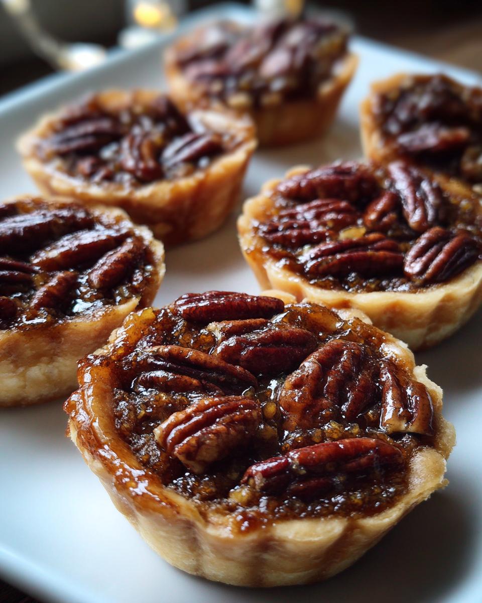 Close-up of several gooey mini pecan pies topped with whole pecans, sitting on a white serving dish.