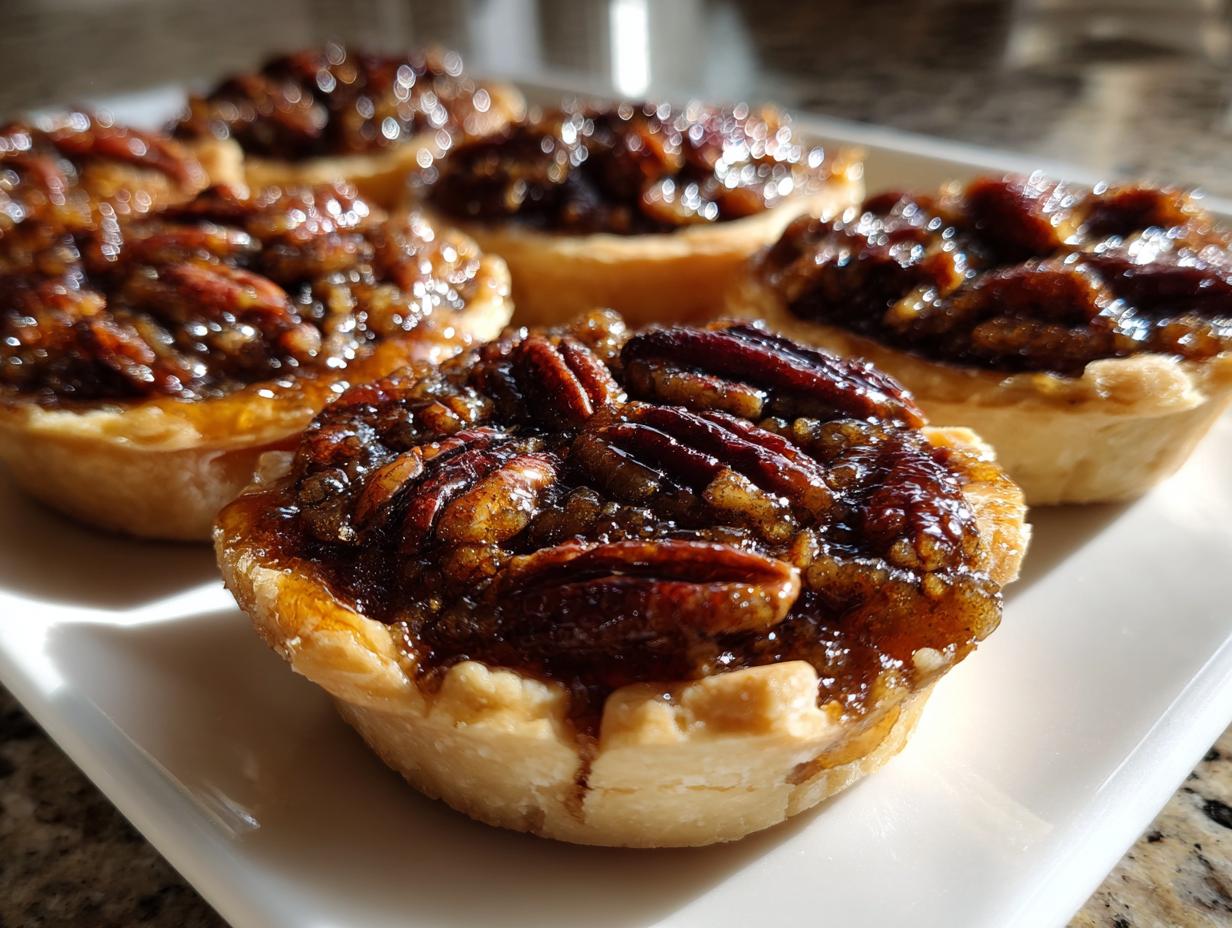 Close-up of several gooey mini pecan pies with flaky crusts arranged on a white serving platter.