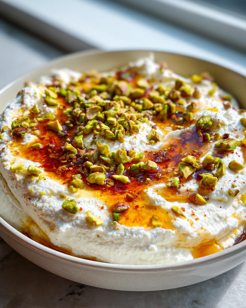 Close-up of a creamy ricotta dip topped with chopped pistachios and a drizzle of chili-infused honey.