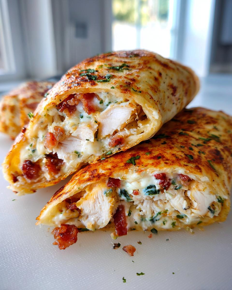 Close-up of a grilled chicken bacon ranch wrap cut in half, showing chunks of chicken, bacon, and creamy ranch filling.