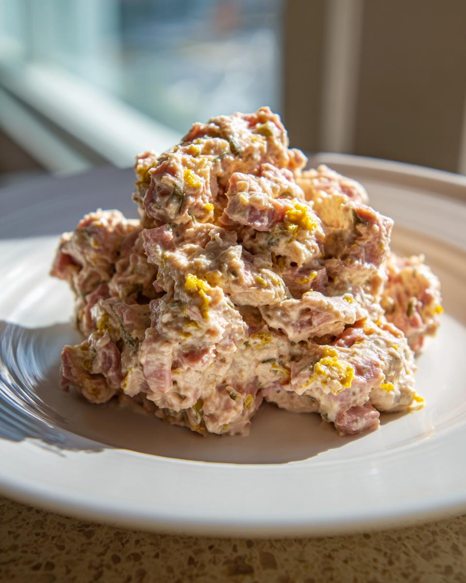A mound of creamy ham salad recipe mixture, featuring diced ham and relish, served on a white plate in bright sunlight.