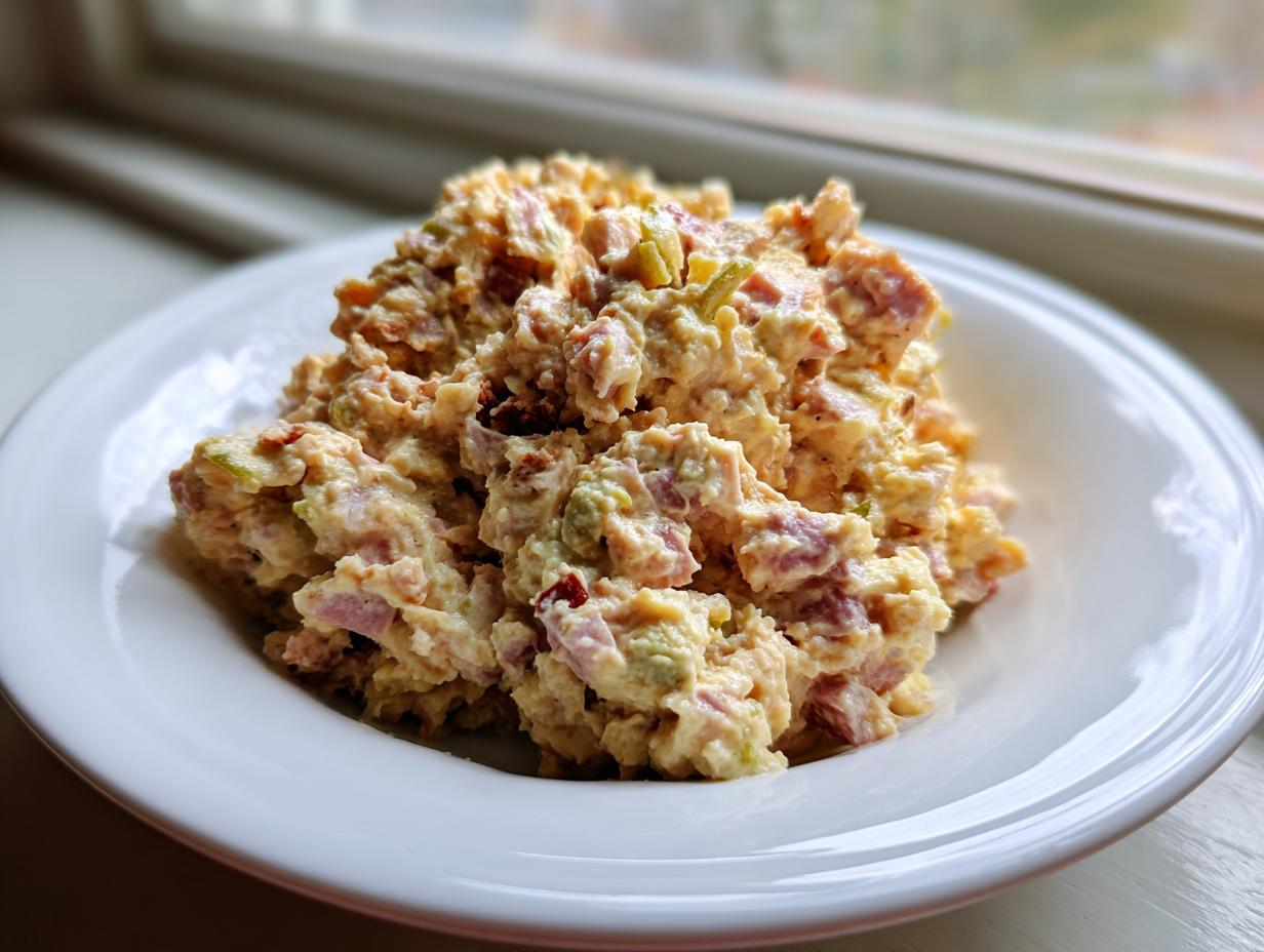 A mound of creamy, chunky ham salad recipe served on a white plate near a window.