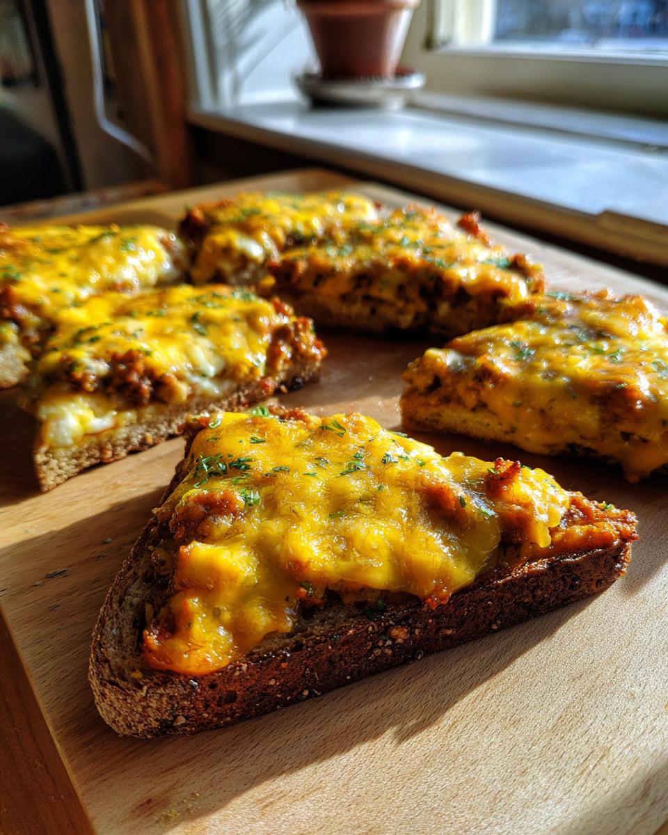 Close-up of several slices of hanky panky recipe served on dark bread with melted orange cheese topping.