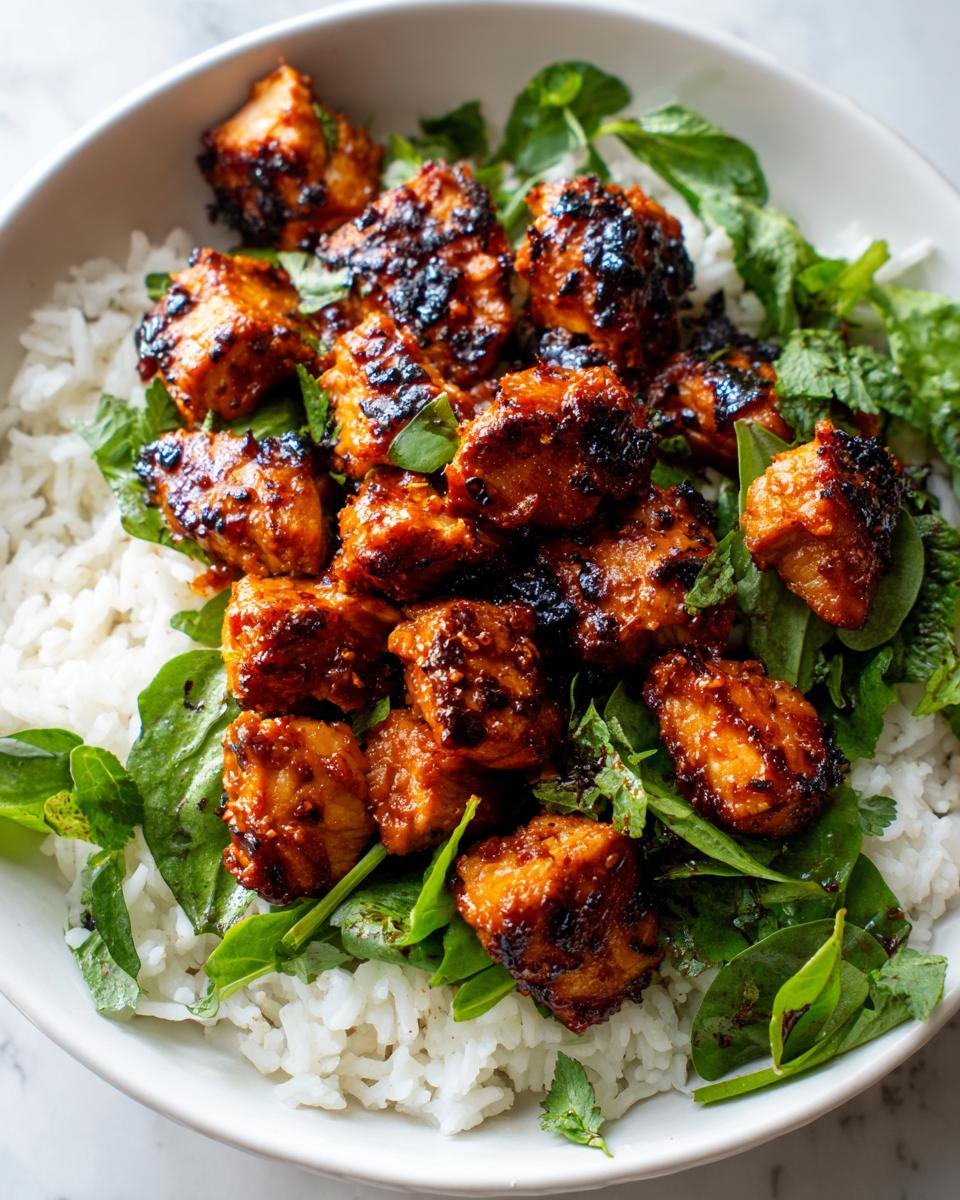 Close-up of glazed, caramelized harissa chicken pieces served over white rice and fresh greens in a white bowl.