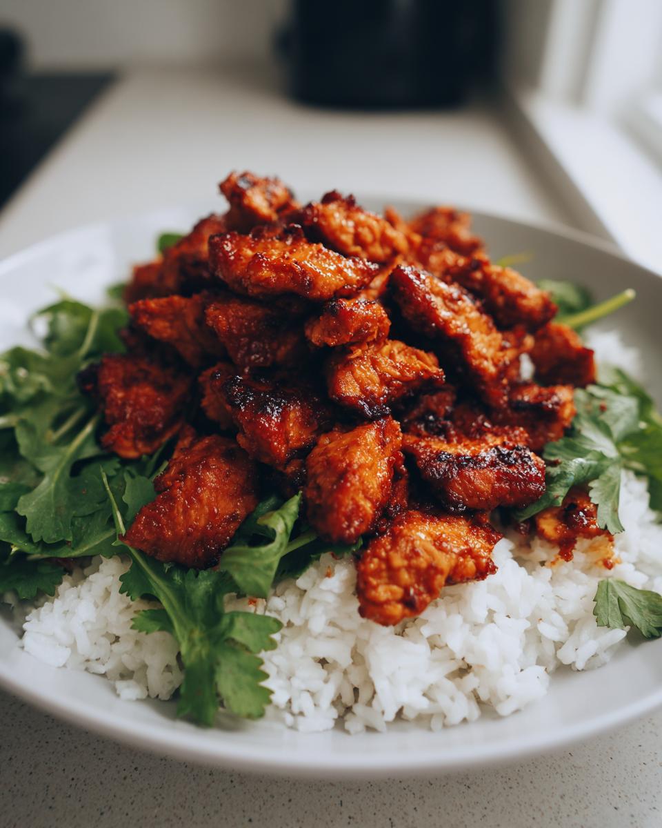 Close-up of a bowl featuring white rice topped with fresh greens and a generous portion of vibrant, reddish-orange harissa chicken pieces.