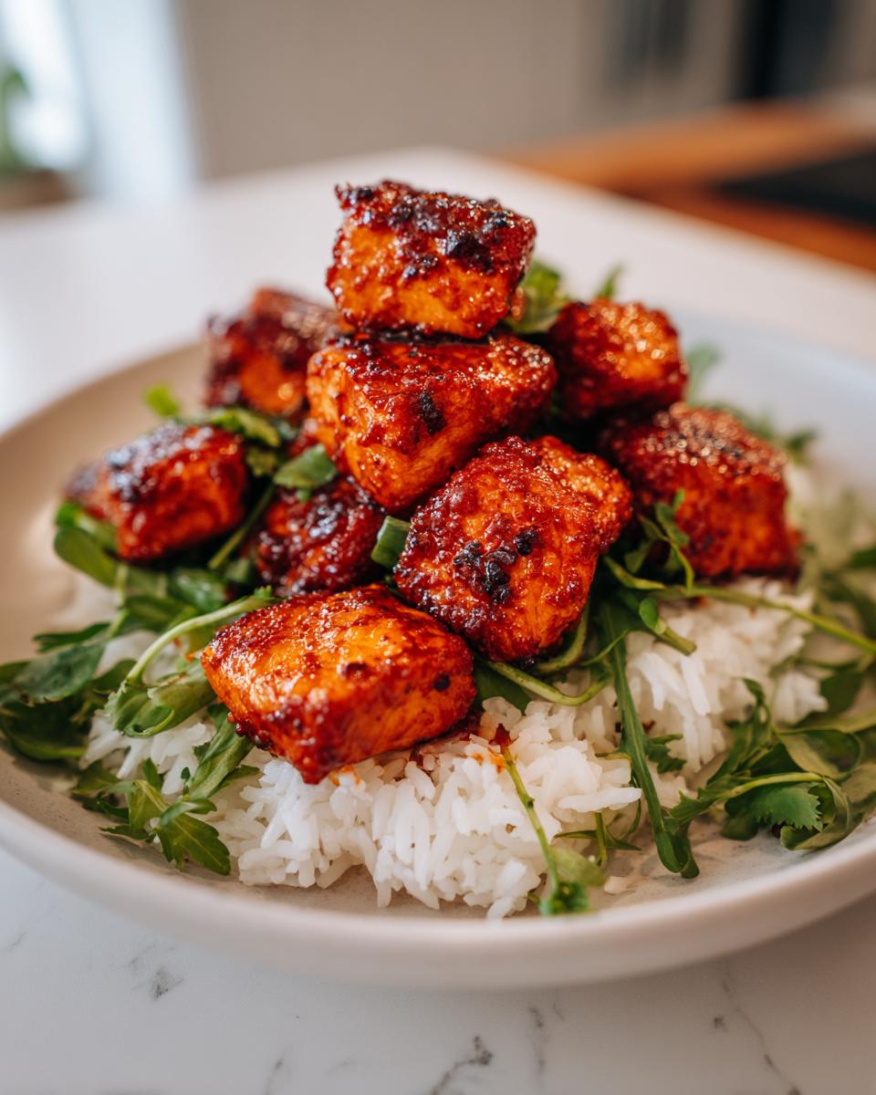 Close-up of glazed, spicy harissa chicken pieces stacked over white rice and fresh greens.