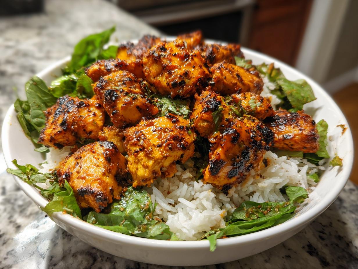 Close-up of a white bowl filled with white rice, fresh greens, and topped with charred, orange-spiced harissa chicken pieces.