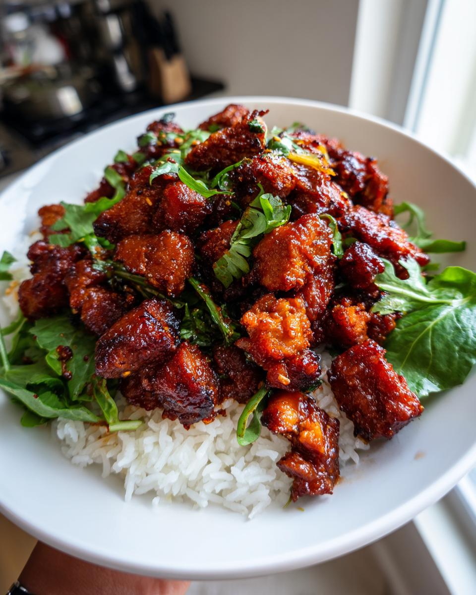 Close-up of a bowl filled with white rice, topped with saucy, dark red harissa chicken pieces and fresh green herbs.