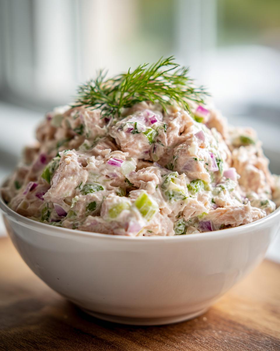 Close-up of a generous serving of healthy tuna salad mixed with celery and red onion, topped with fresh dill.
