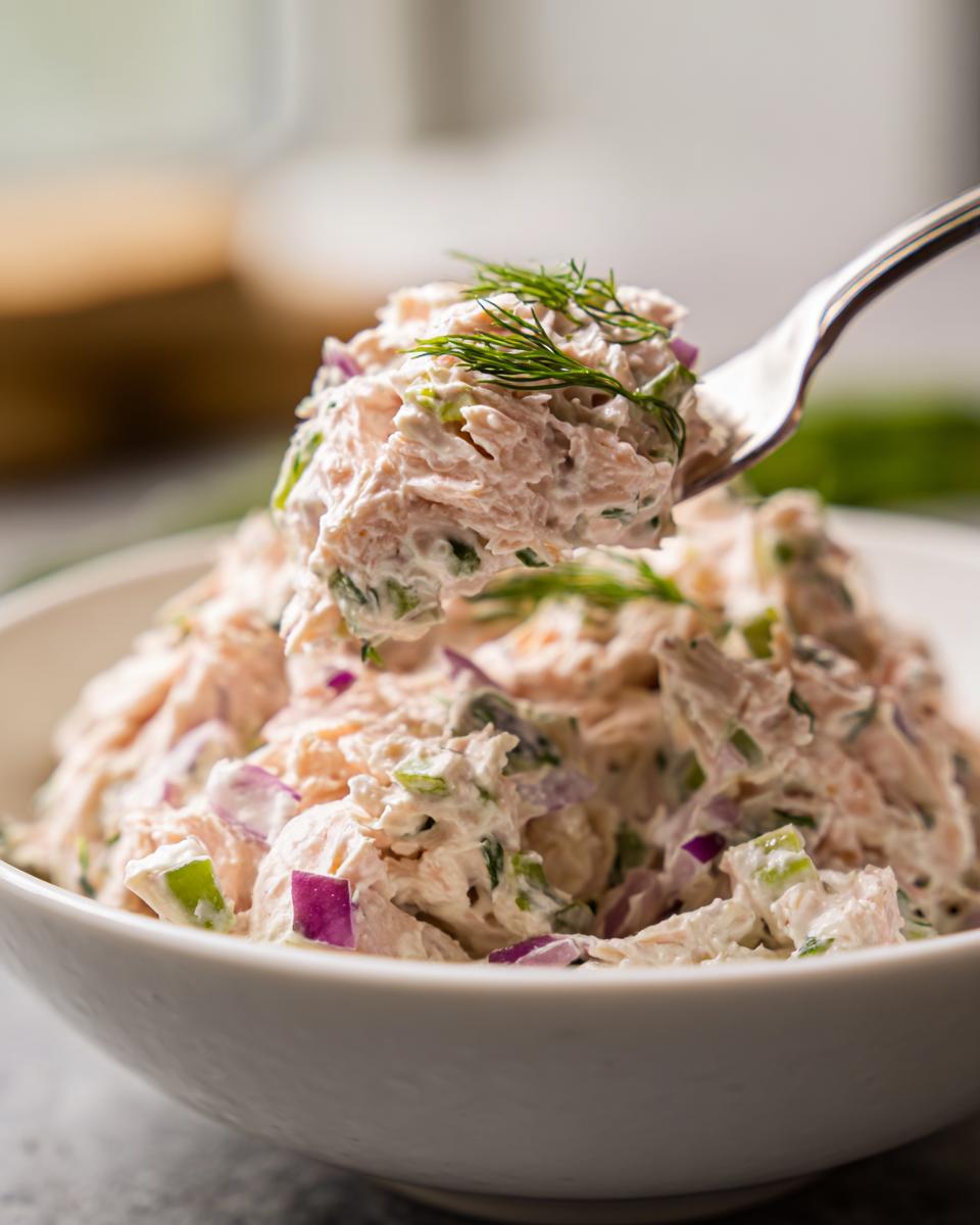 A fork lifting a bite of creamy healthy tuna salad mixed with red onion and topped with fresh dill.