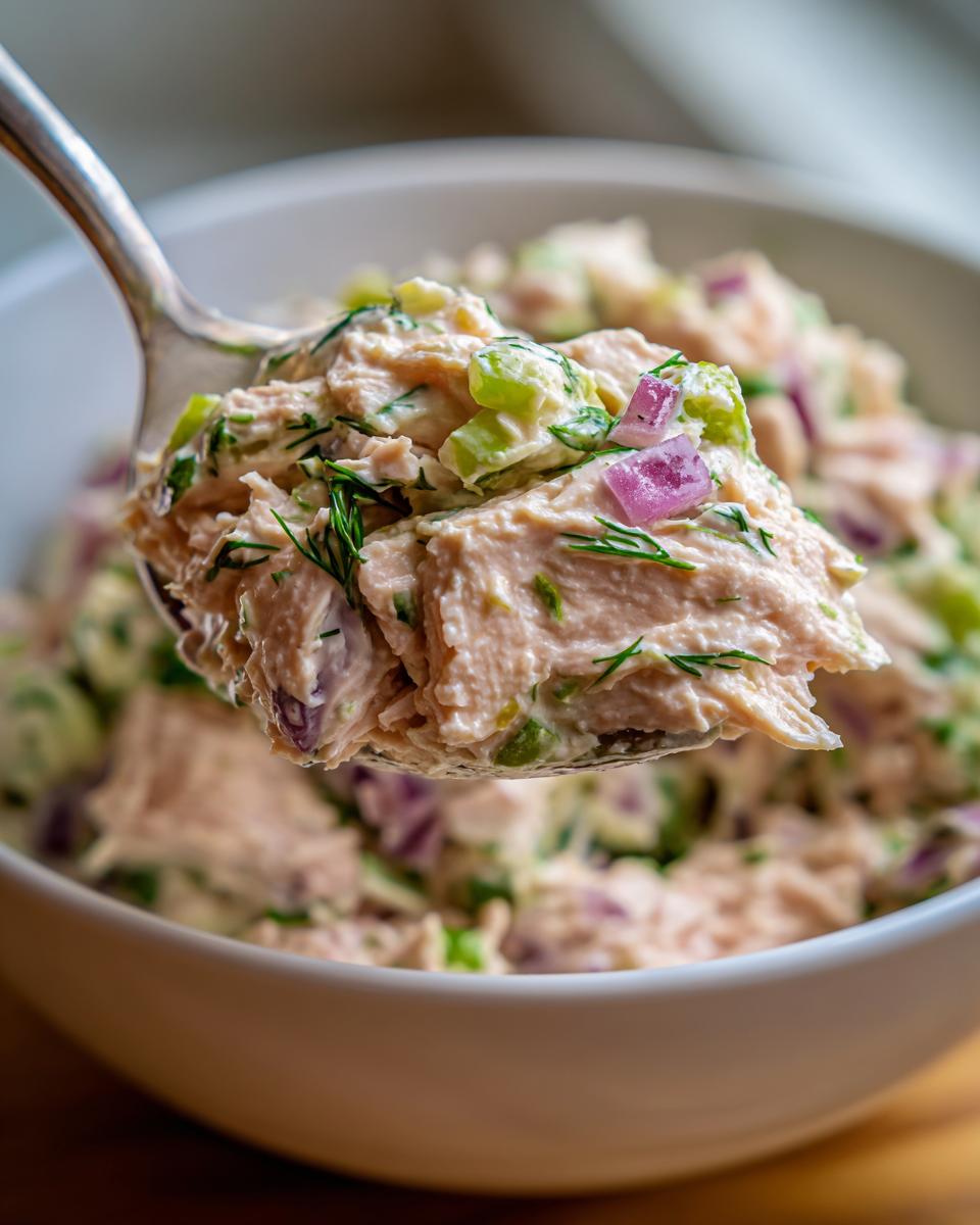 A spoonful lifted from a bowl showing creamy healthy tuna salad mixed with celery and red onion.