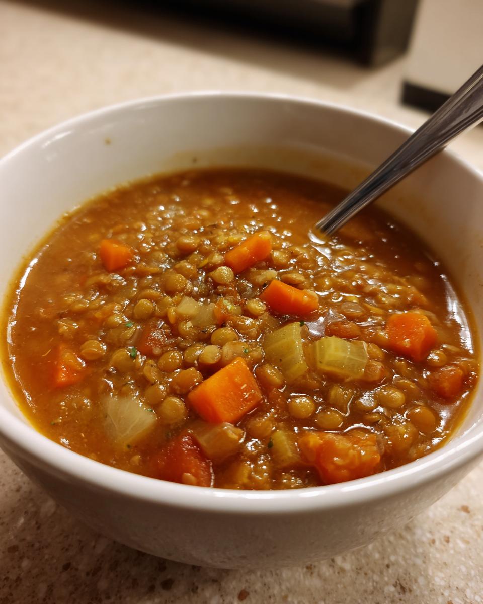 Close-up of a white bowl filled with hearty lentil soup, showing lentils, diced carrots, and celery.