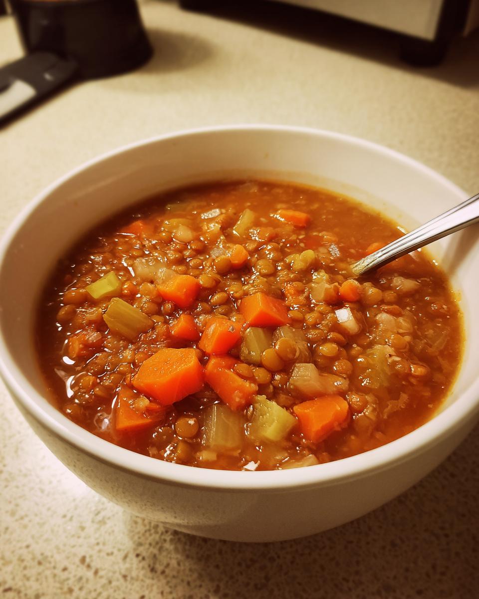 Close-up of a white bowl filled with hearty lentil soup featuring visible chunks of carrots and celery.