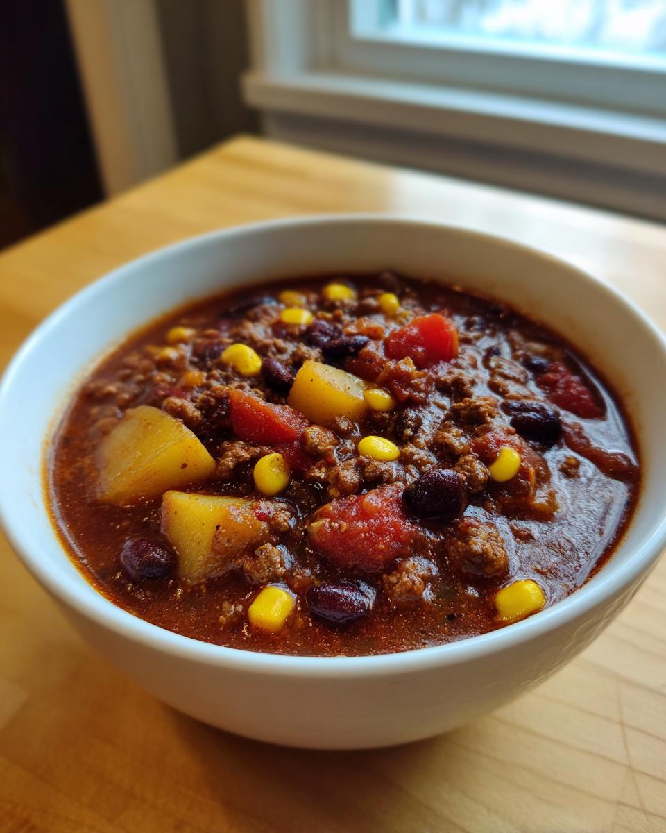 Close-up of a white bowl filled with rich, hearty cowboy soup containing ground meat, beans, corn, and chunks of potato.