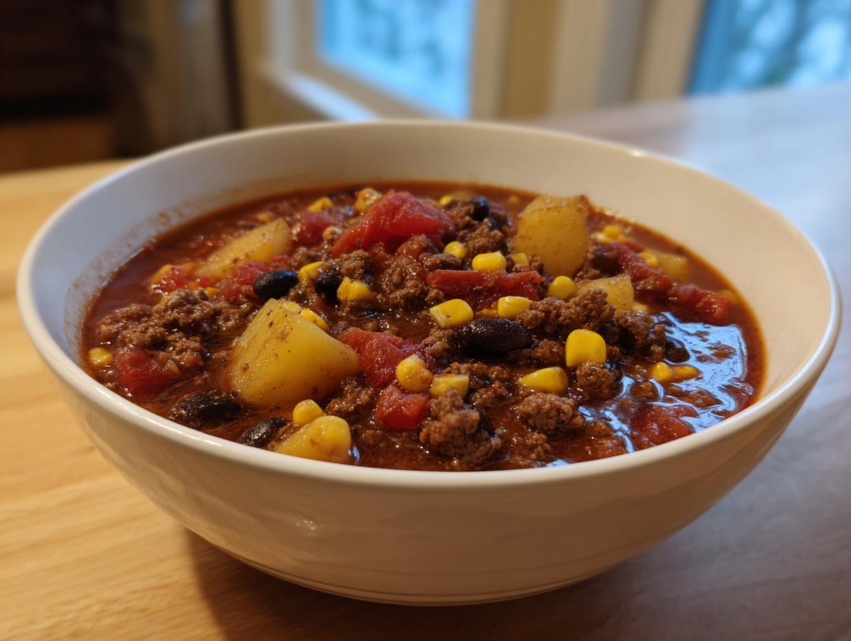 A close-up of a white bowl filled with hearty cowboy soup featuring ground beef, potatoes, corn, black beans, and tomatoes.