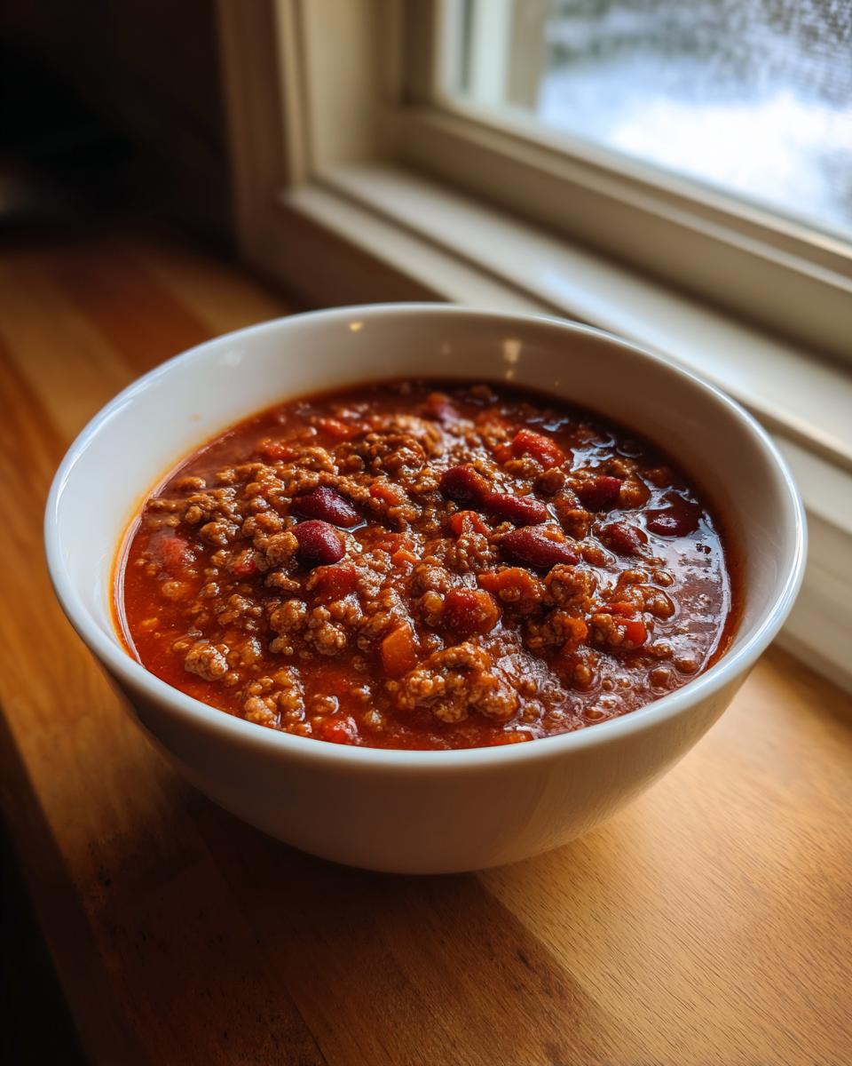A white bowl filled with rich, meaty chili featuring ground beef and kidney beans, set on a wooden surface near a bright window.