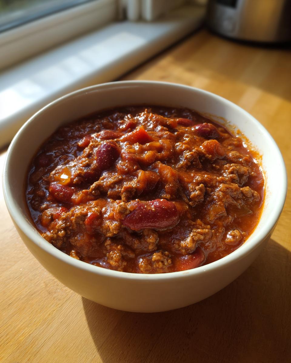 A close-up of a bowl filled with rich, meaty chili featuring kidney beans, sitting on a wooden table near a window.