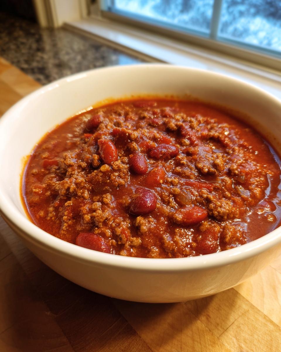 Close-up of a white bowl filled with rich, thick homemade chili featuring ground meat and kidney beans.