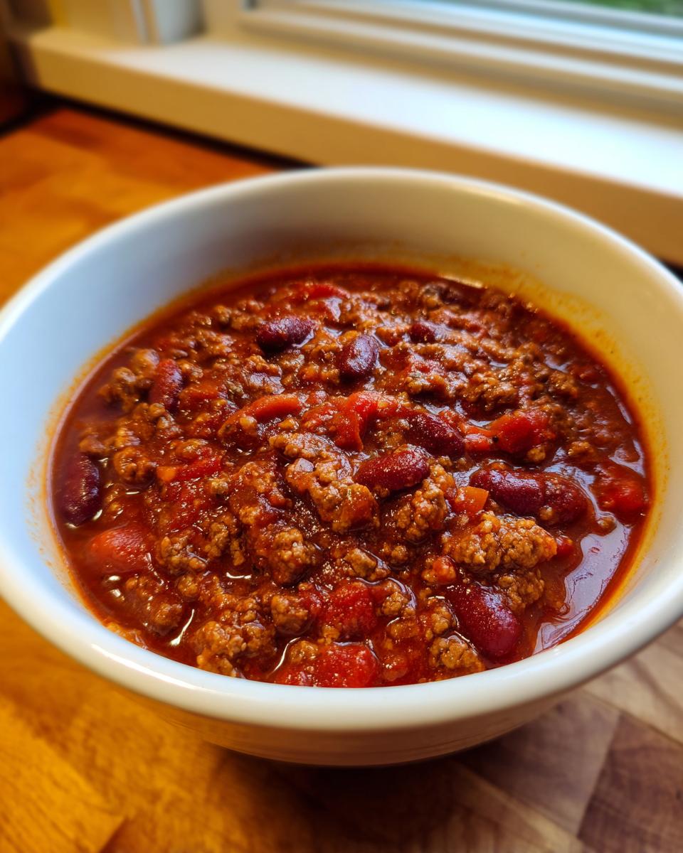 Close-up of a white bowl filled with rich, thick homemade chili featuring ground meat and kidney beans.