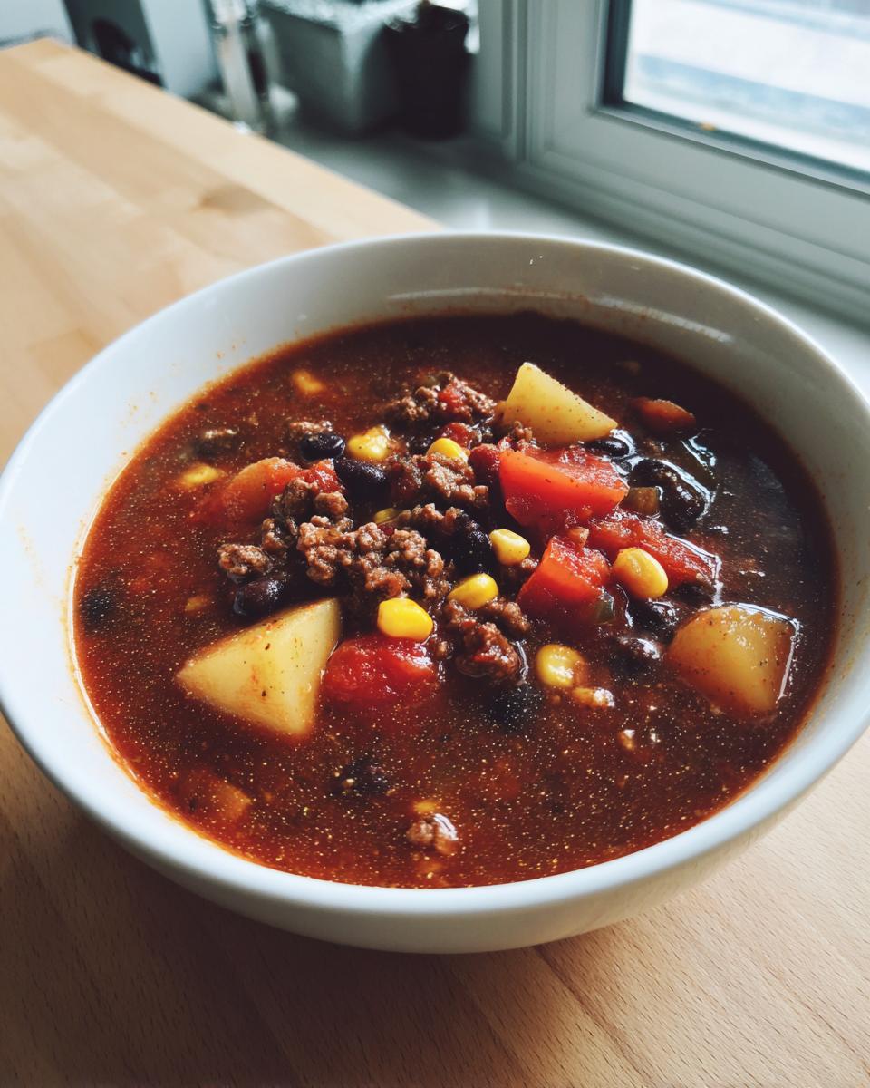 Close-up of a white bowl filled with rich, dark cowboy soup containing ground beef, potatoes, corn, and black beans.