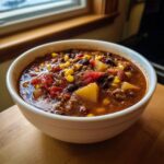 Close-up of a steaming white bowl filled with rich cowboy soup containing ground beef, potatoes, black beans, corn, and tomatoes.