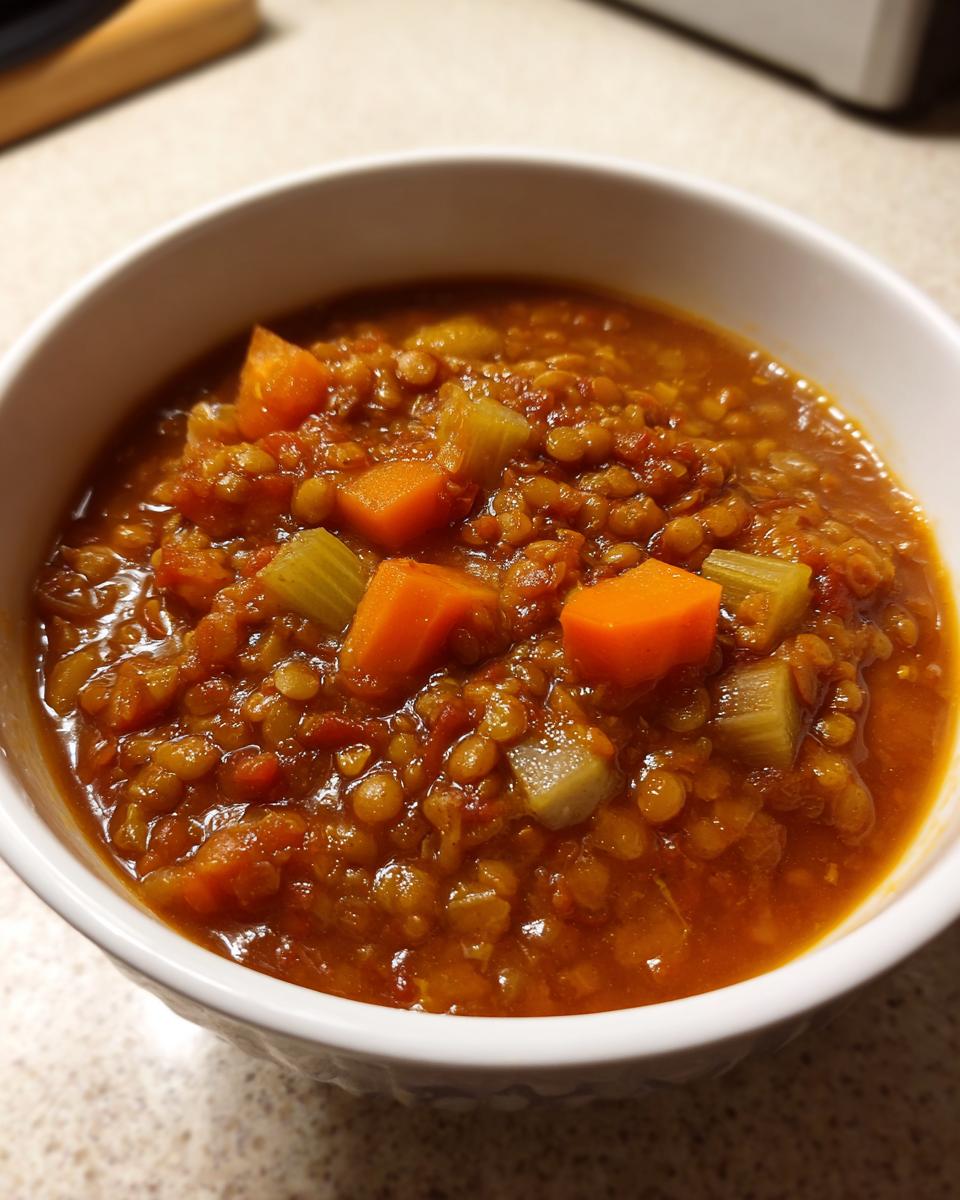 Close-up of a white bowl filled with thick, hearty lentil soup featuring visible chunks of carrots and celery.