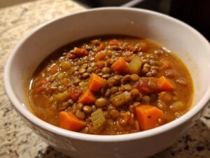 Close-up of a white bowl filled with hearty lentil soup featuring visible lentils, carrots, and celery.