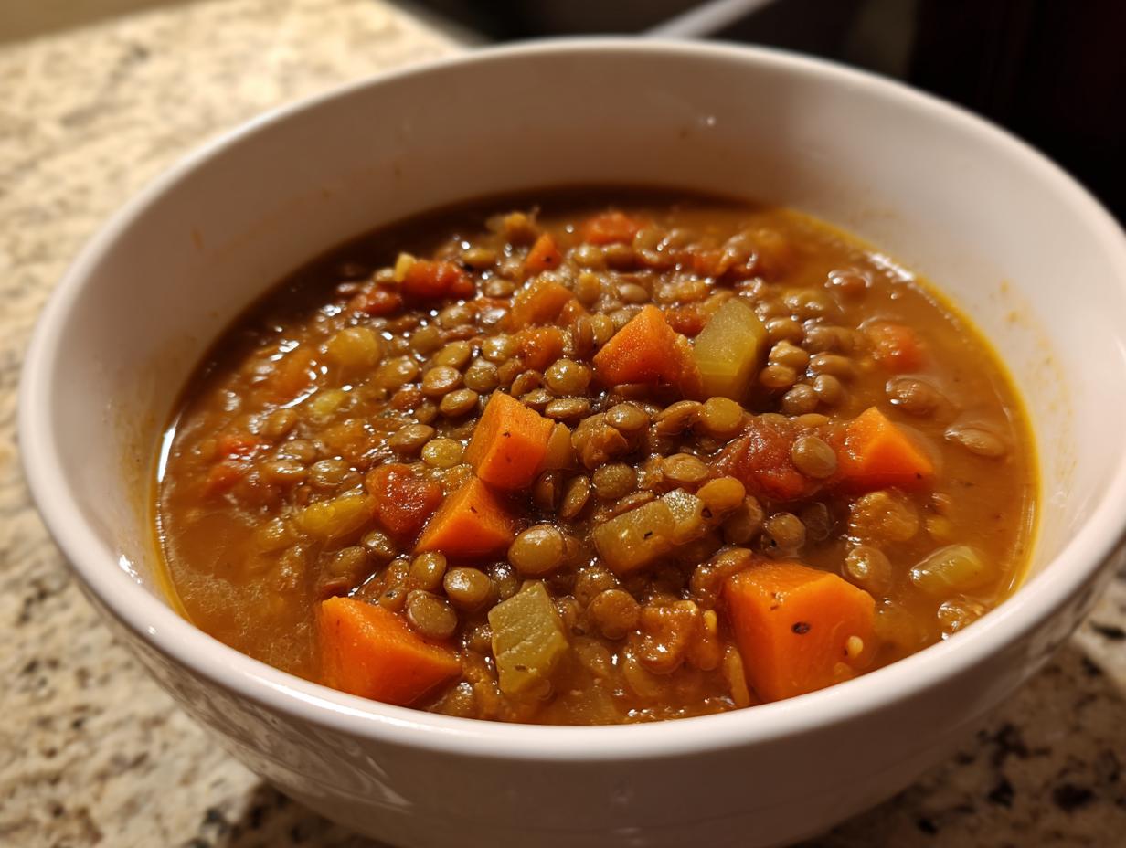 Close-up of a white bowl filled with hearty lentil soup featuring visible lentils, carrots, and celery.