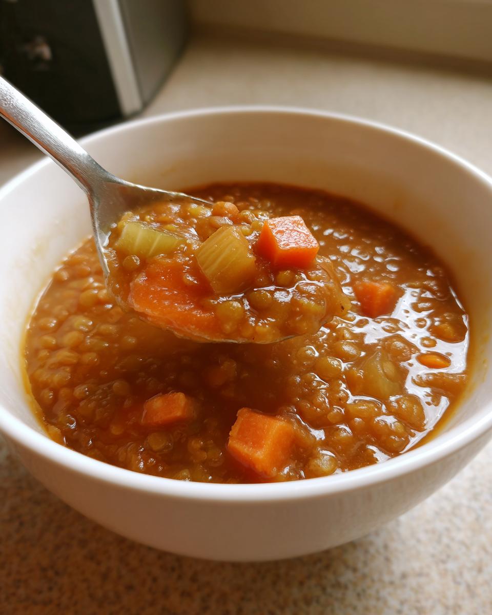 A spoonful of thick, hearty lentil soup featuring visible chunks of carrot and celery being lifted from a white bowl.