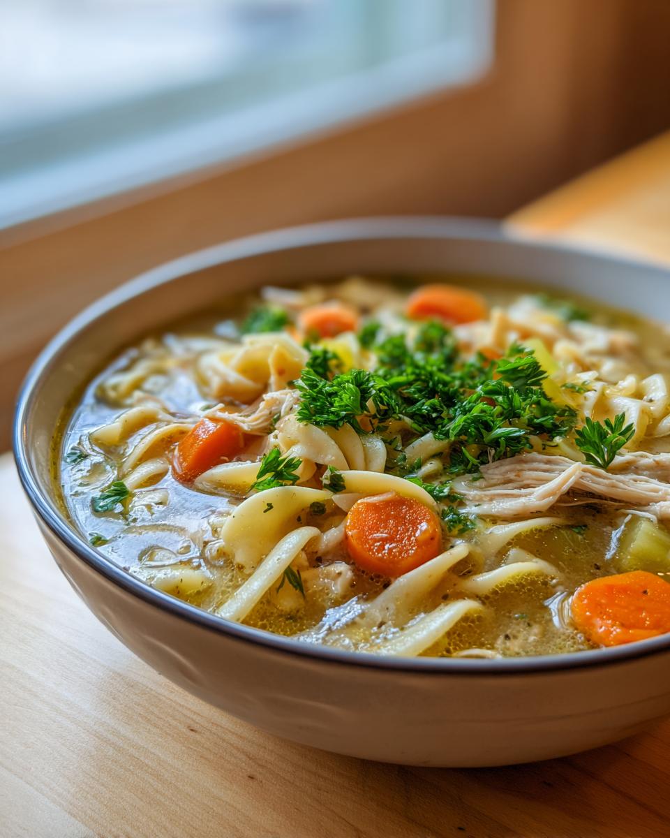 Close-up of a steaming bowl of turkey noodle soup, featuring egg noodles, shredded turkey, carrots, and fresh parsley garnish.