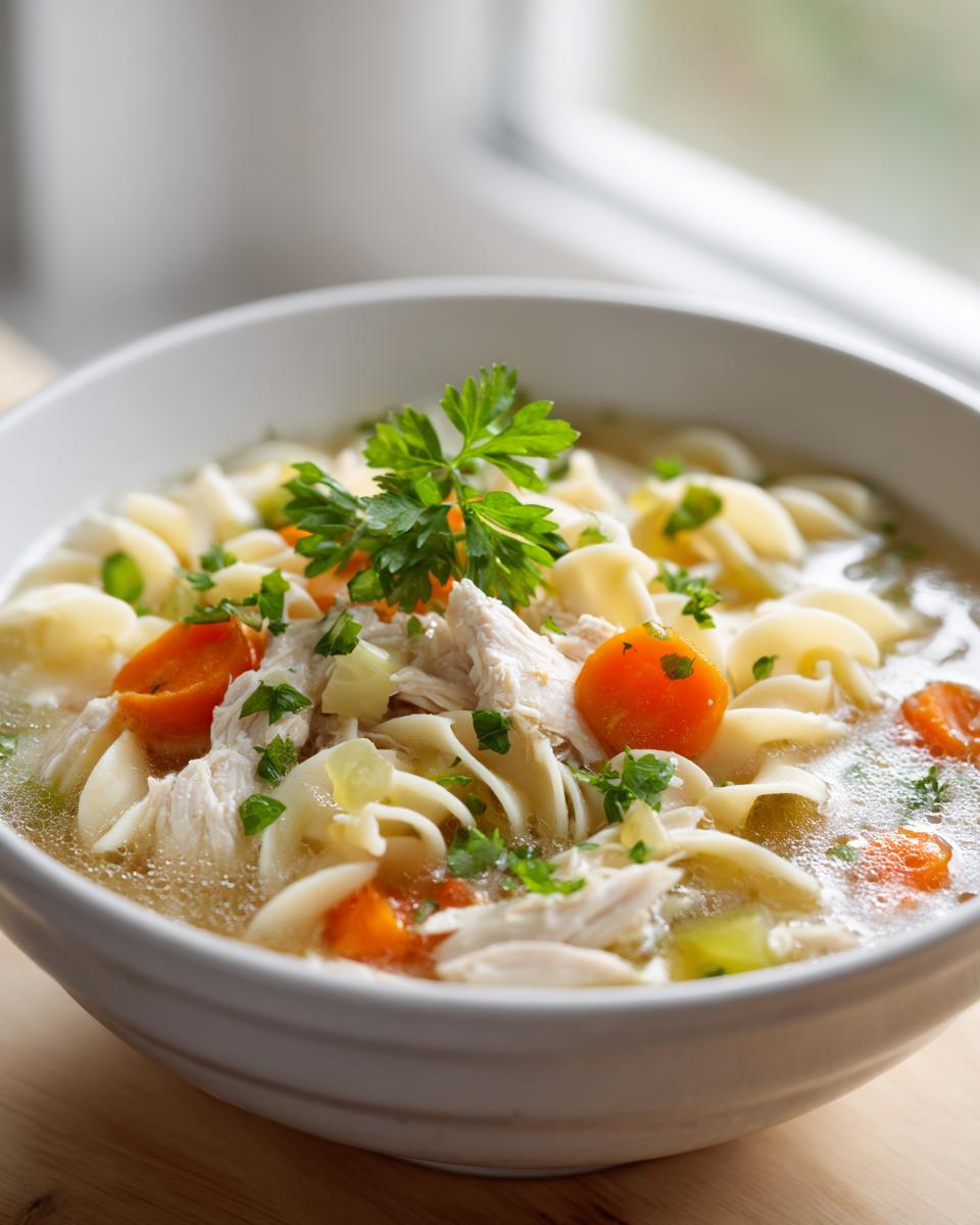Close-up of a white bowl filled with steaming turkey noodle soup, featuring shredded turkey, egg noodles, and sliced carrots, topped with fresh parsley.