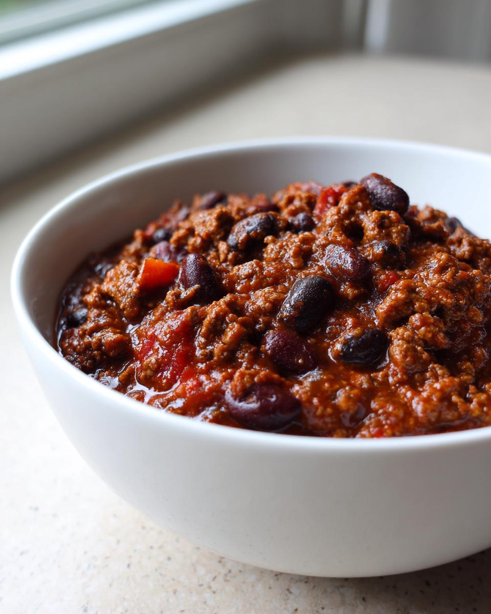 Close-up of a white bowl filled with rich, hearty high protein chili featuring ground meat and dark kidney beans.