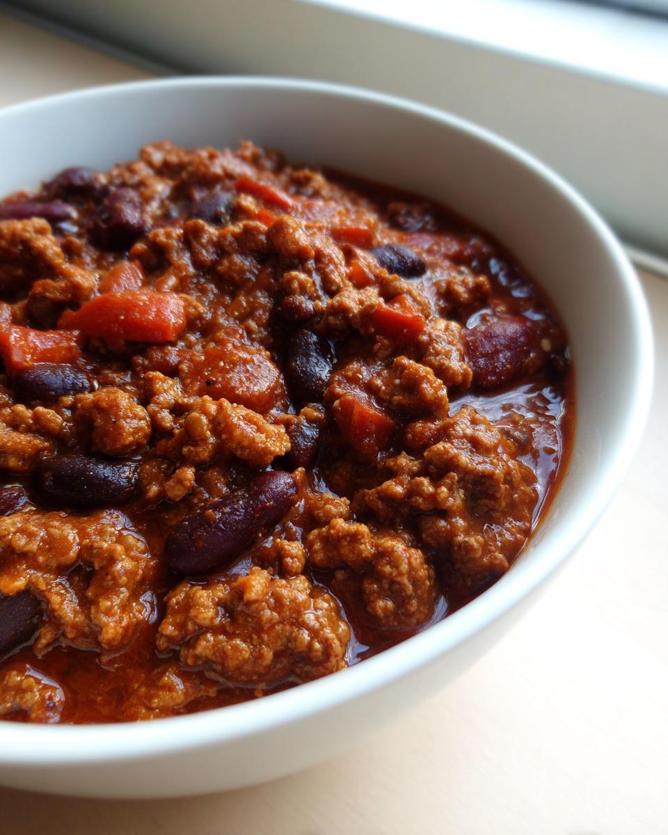 A close-up view of a hearty serving of high protein chili, featuring ground meat and kidney beans in a rich red sauce, served in a white bowl.