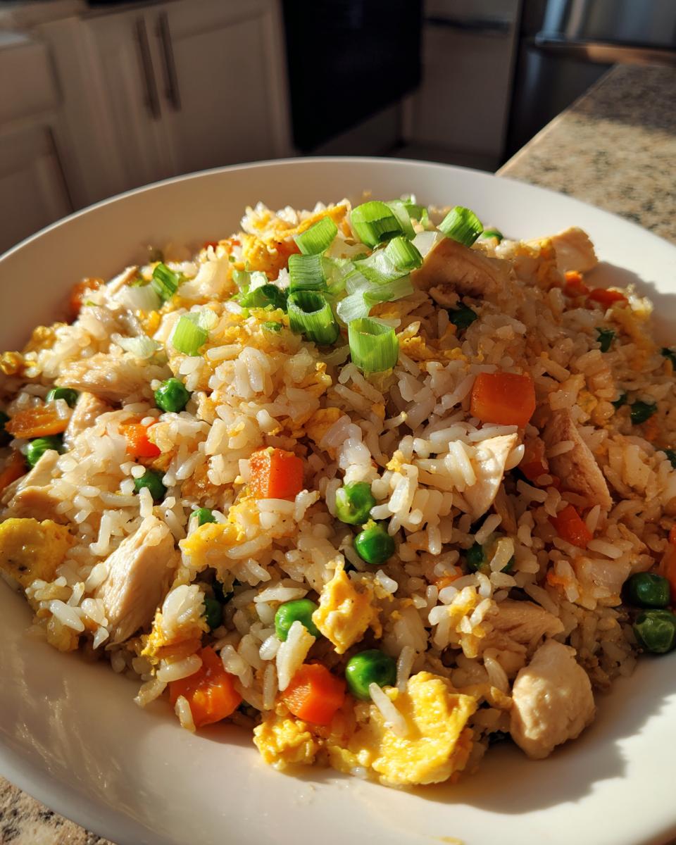 A close-up view of a bowl filled with homemade chicken fried rice, featuring rice, chicken pieces, peas, carrots, and topped with green onions.
