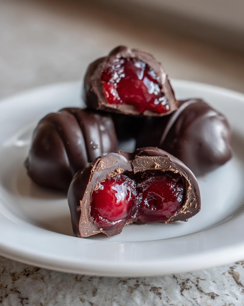 Close-up of homemade chocolate covered cherries, one cut in half revealing the juicy red cherry filling inside the dark chocolate shell.