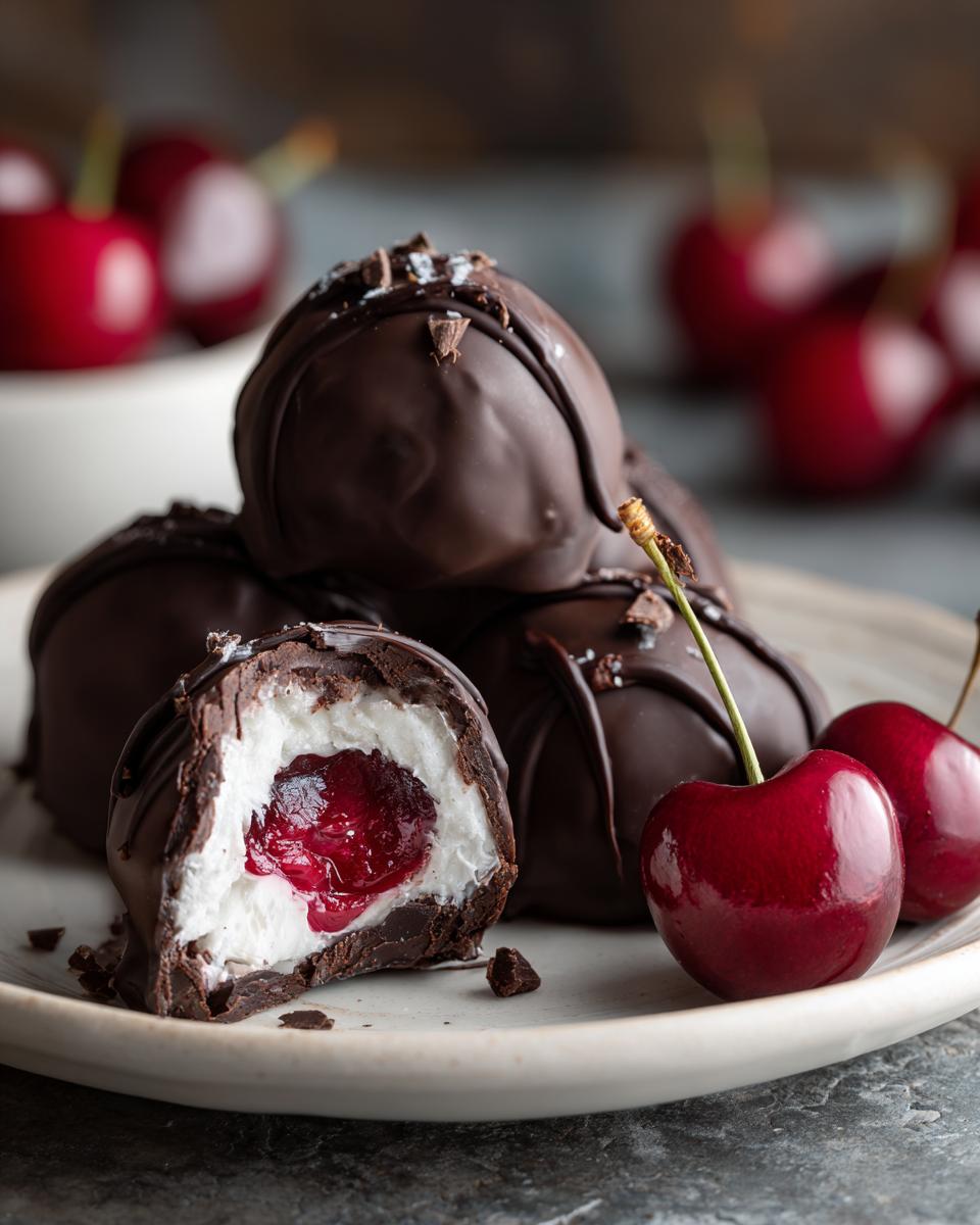 A stack of homemade chocolate covered cherries, one cut open revealing a white filling and a bright red cherry center.