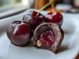 Close-up of homemade chocolate covered cherries, one cut open revealing the cherry filling and a nut inside.