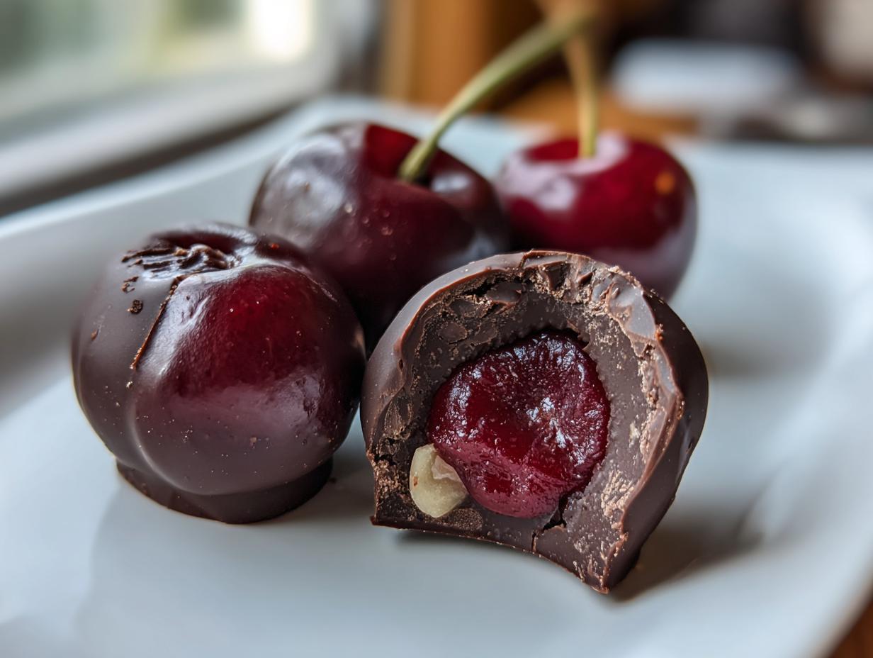 Close-up of homemade chocolate covered cherries, one cut open revealing the cherry filling and a nut inside.