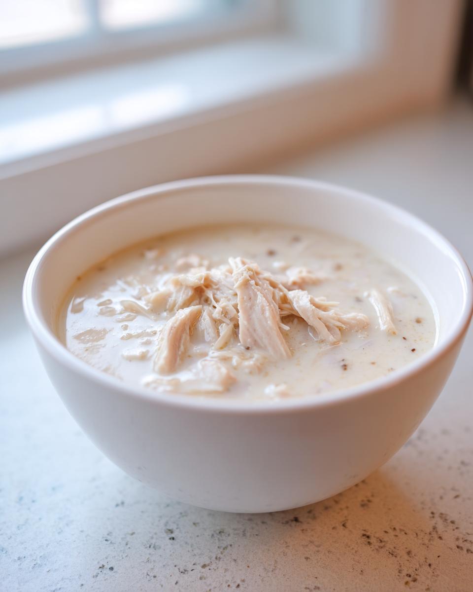 A close-up of a white bowl filled with creamy homemade cream of chicken soup topped with shredded chicken.