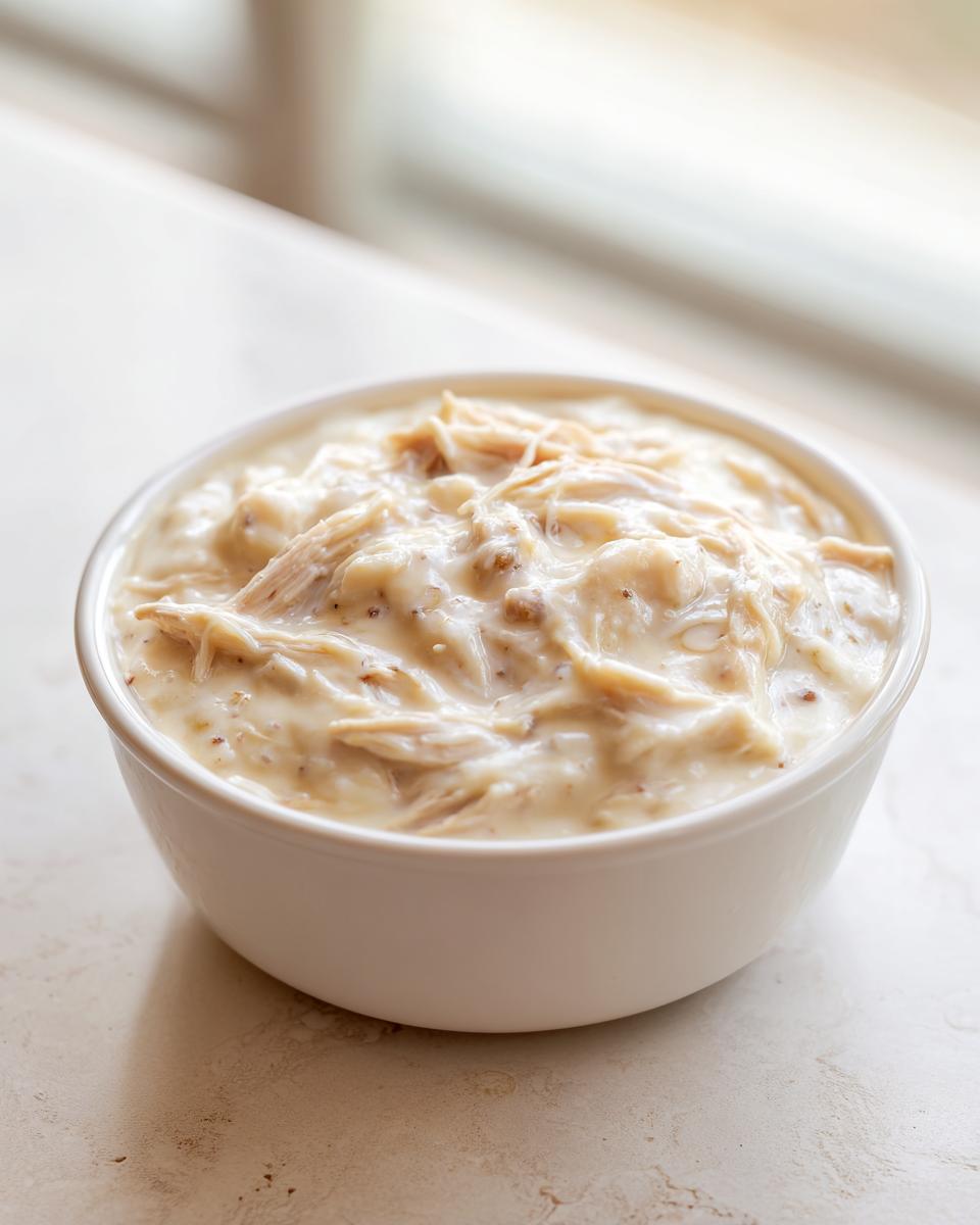 A close-up of thick, creamy homemade cream of chicken soup filled with shredded chicken in a white bowl.