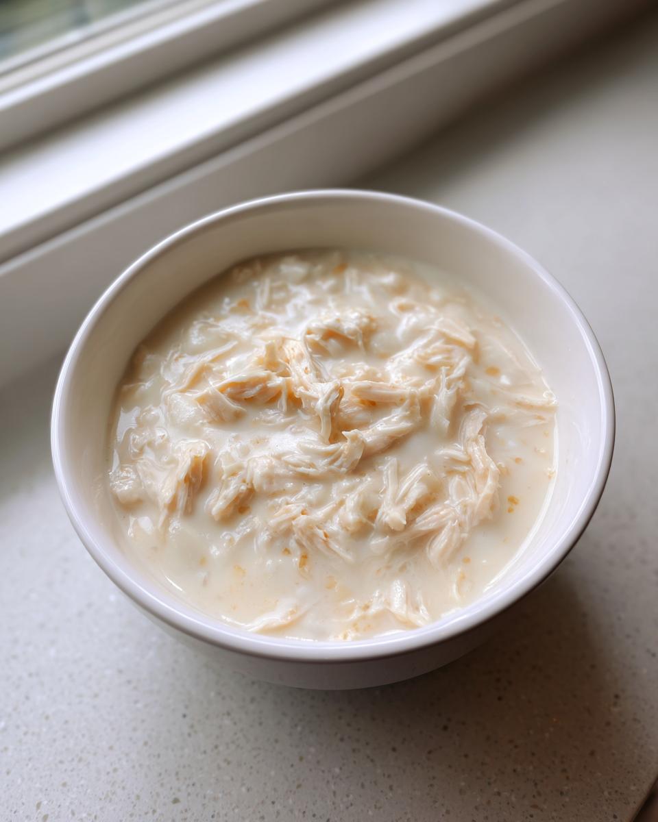 A white bowl filled with thick, creamy homemade cream of chicken soup featuring plenty of shredded chicken.