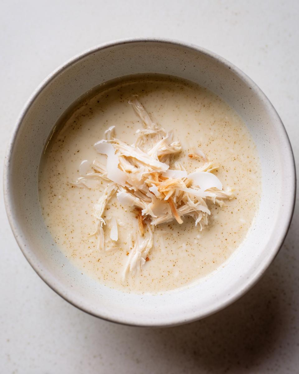 Overhead view of homemade cream of chicken soup in a speckled bowl, topped with shredded chicken and toasted coconut flakes.